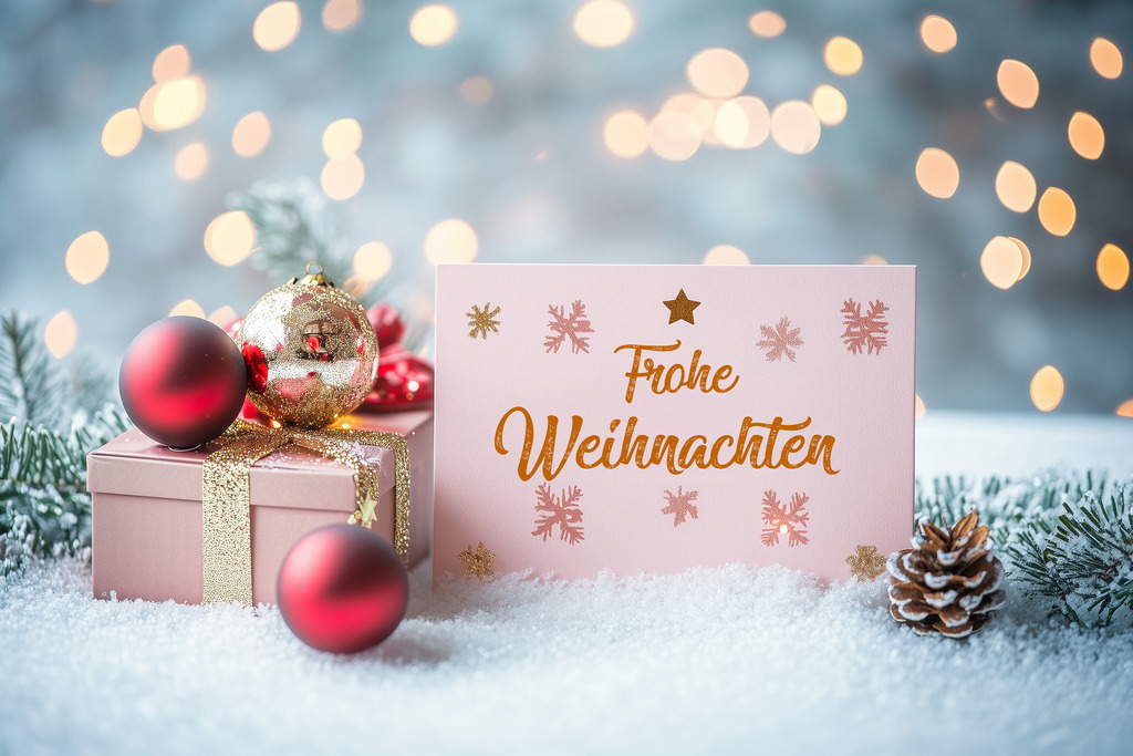 Frohe Weihnachten (K.I.-generiert) | Christmas greetings: Christmas decoration with text FROHE WEIHNACHTEN (A.I.-generated) - Realisiert mit Pictrs.com
