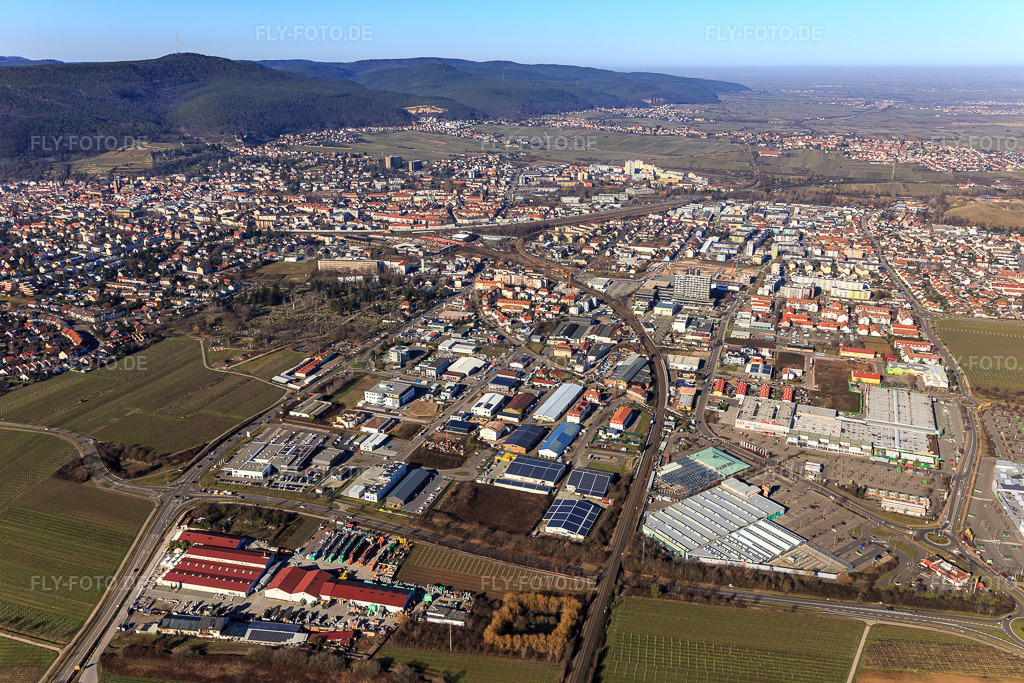 Luftbild: Stadtübersicht aus Süden in Neustadt an der Weinstraße im Bundesland Rheinland-Pfalz in Deutschland. Foto: IMG_125341.jpg vom 21.02.2021 durch Werner Riehm/FLY-FOTO.de