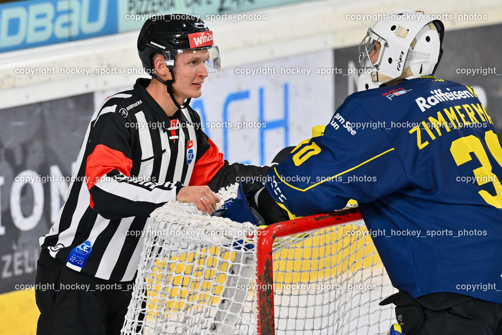 EK Zeller Eisbären vs. HDD Jesenice 1.10.2022 | HUBER Andreas Referee, #30 Zimmermann Max