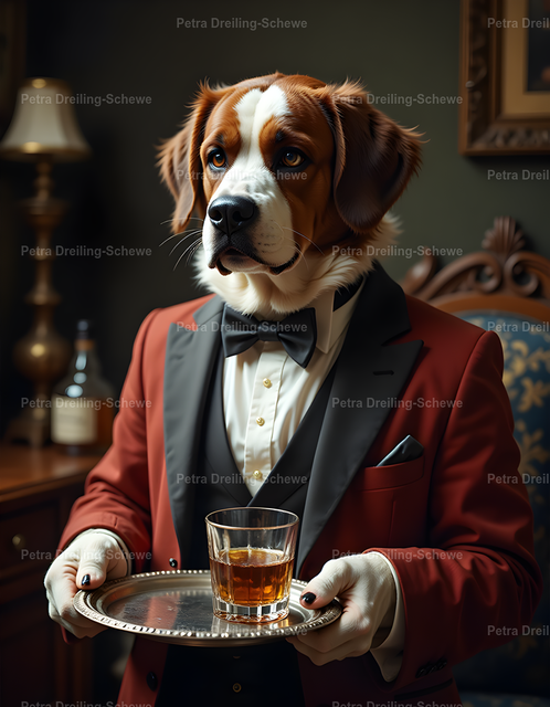 Patrick the St Bernard Butler | Funny St. Bernard Butler Poster – Elegant &amp; Humorous Wall ArtBring humor and sophistication into your space with this unique St. Bernard butler poster.Dressed like a true gentleman and serving whiskey, this charming dog adds a playful yet classy touch to any room – perfect as a conversation starter. - Realisiert mit Pictrs.com