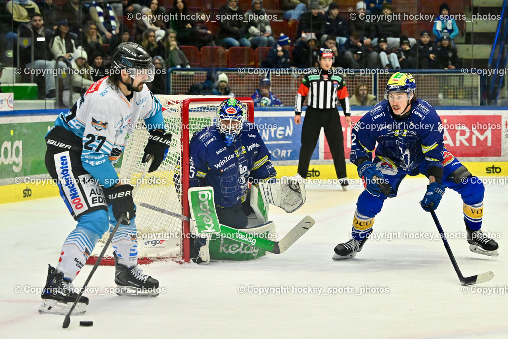 EC IDM Wärmepumpen VSV vs. Steinbach Black Wings Linz | #27 Shawn St-Amant Black Wings Linz, #35 Joe Cannata EC VSV, #2 Dylan MacPherson EC VSV, EC IDM Wärmepumpen VSV vs. Steinbach Black Wings Linz, EC IDM Wärmepumpen VSV vs. Steinbach Black Wings Linz am 28.11.2025 in Villach (Stadthalle Villach), Austria, (Photo by Bernd Stefan)