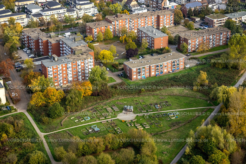 Hamm221012487 | Luftbild, Urbaner Garten in der Kornmersch, Rheinsberger Platz mit Hochhaussiedlung, Bockum-Hövel, Hamm, Ruhrgebiet, Nordrhein-Westfalen, Deutschland