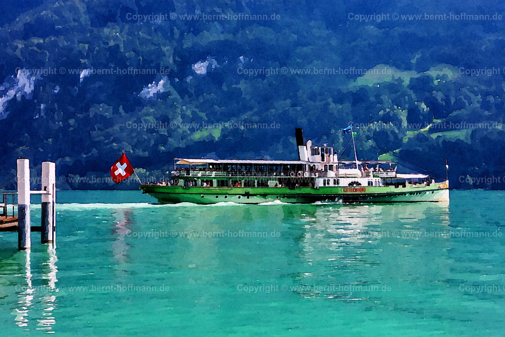 PAD2_RH_Raddampfer-Loetschberg_75x50 | DIGITALKUNST. Raddampfer auf dem Brienzersee. __ Der historische Schaufelraddampfer " Lötschberg " wird betrieben von der BLS Schifffahrt AG. 
__ Das Basisfoto für dieses malerisch verwandelte Werk hat der Schweizer Hobbyfotograf Rene Hinder gemacht und es Bernt Hoffmann für dessen Kunstpart zur Verfügung gestellt. - Realisiert mit Pictrs.com