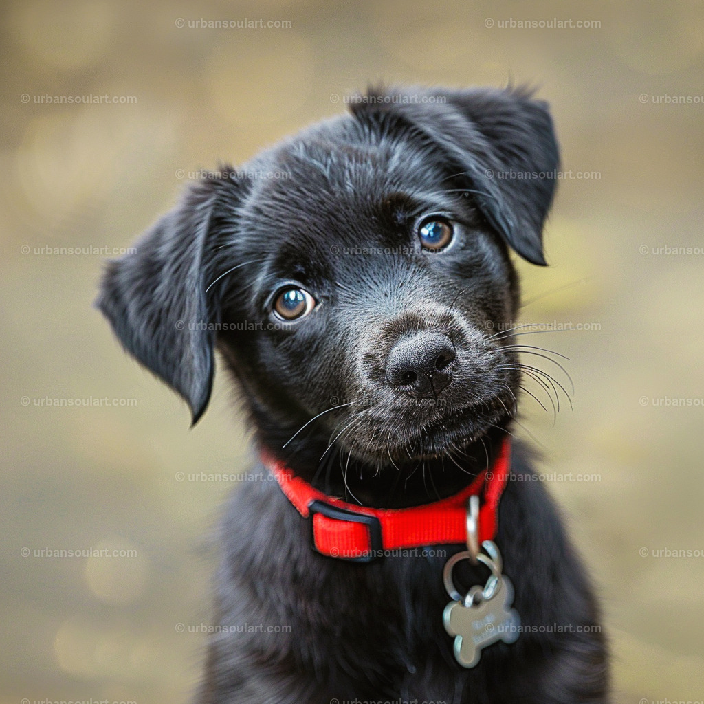 Black Labrador Puppy With Red Collar | A heartwarming close-up of a black Labrador puppy wearing a red collar, showcasing its adorable, expressive eyes. Perfect for dog lovers, this canvas adds a touch of innocence and charm to any space. - Realisiert mit Pictrs.com