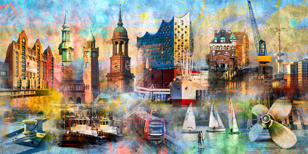 10230311 - Hamburg Collage 061 | Modernes Hamburg Wandbild im Pop-Art Stil. Ein farbenfrohes Highlight an jeder Wand. 