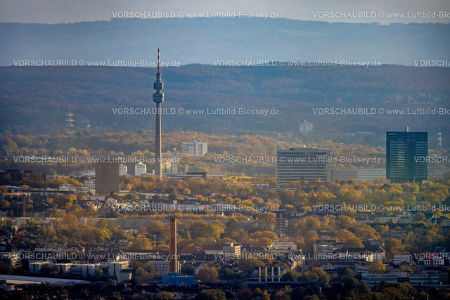 Dortmund231102126 | Luftbild, Skyline von Dortmund mit Fernsicht, Florianturm Aussichtsturm und Fernsehturm Wahrzeichen im Westfalenpark, Hochhäuser Firmensitz Westnetz und Bürotower Florian 11, umgeben von Herbstwald und herbstlichen Laubbäumen, Ruhrallee, Dortmund, Ruhrgebiet, Nordrhein-Westfalen, Deutschland