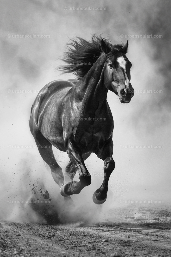 Black Horse Running | This powerful black-and-white image of a black horse running is full of strength and motion. Ideal for fans of equestrian art, this piece captures the raw energy and grace of a horse in action, making it a dynamic addition to any space. - Realisiert mit Pictrs.com
