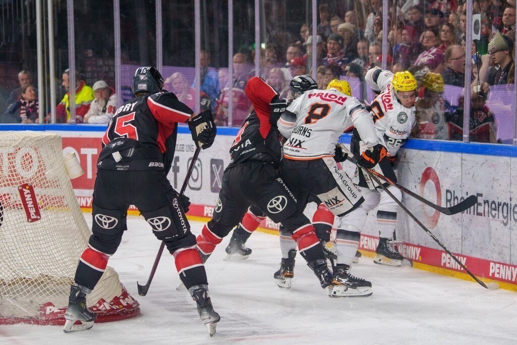 11.10.2024, DEL, Deutsche Eishockey Liga Saison 2024/25, 32. Spieltag: Kölner Haie gegen Löwen FrankfurtBild: kampf um den Puck in der Kölner Hälfte hinterm Tor | 11.10.2024, DEL, Deutsche Eishockey Liga Saison 2024/25, 32. Spieltag: Kölner Haie gegen Löwen FrankfurtBild: kampf um den Puck in der Kölner Hälfte hinterm Tor - Realisiert mit Pictrs.com