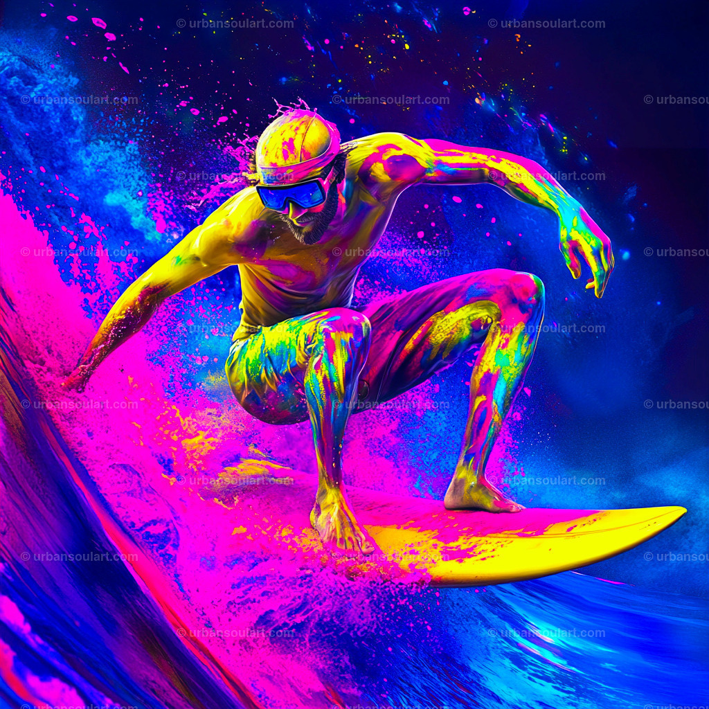 Neon Ocean Surfer | A vibrant, modern artwork featuring a surfer bathed in neon hues as they ride the waves, radiating an electric, high-energy vibe. This piece is perfect for surf enthusiasts and lovers of contemporary art, adding a splash of color and thrill to any space. - Realisiert mit Pictrs.com