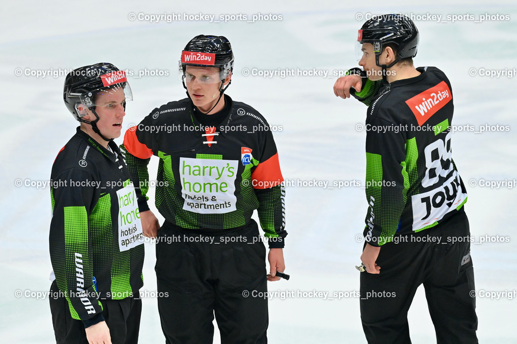 EC VSV vs. HC Bozen 16.2.2024 | Huber Andreas, Bärenthaler Christoph, Nothelfer David, Referees, EC VSV vs. HC Bozen 16.2.2024, EC VSV vs. HC Bozen 16.2.2024 am 16.02.2024 in Villach (Stadthalle Villach), Austria, (Photo by Bernd Stefan)