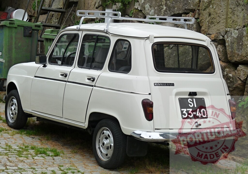 White Renault 4 GTL vintage car parked on street | White Renault 4 GTL vintage car parked on a stone street, showing roof rack and rear - Realized with Pictrs.com