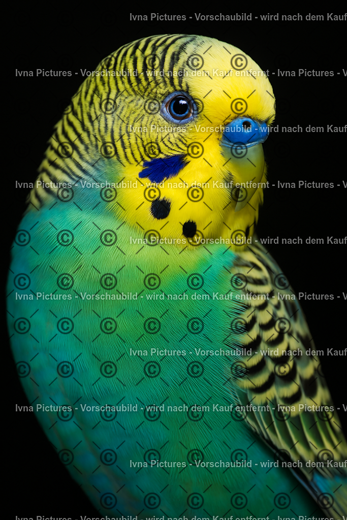 Wellensittich im Schatten | Ein Wellensittich mit gelbem Kopf, blauem Schnabel und leuchtend blau-grünem Gefieder hebt sich vor schwarzem Hintergrund ab. Die klaren Farben und die elegante Haltung verleihen dem Bild Lebendigkeit und Ausdruckskraft - Realisiert mit Pictrs.com