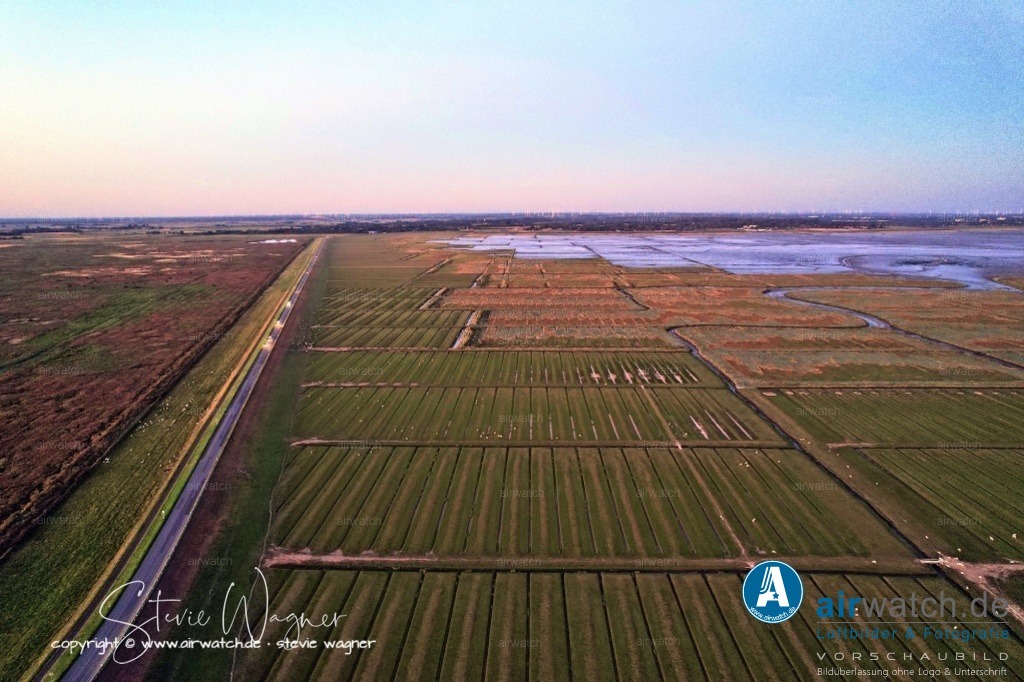 Nordsee, Nordfriesland, Nordstrand, Pohnshalligkoog - airwatch.de | Die Pohnshallig, eine ehemalige Hallig, wurde durch die Burchardiflut im Jahre 1634 von der Insel Alt-Nordstrand abgerissen. Im 18. und 19. Jahrhundert wurden sukzessive ehemalig besiedelte Landstriche neu bedeicht und die Insel Stück für Stück neu in Richtung Osten ausdehnte. Im Jahr 1924 erfolgte die Eindeichung der Pohnshallig, nachdem die unbewohnte Hallig zeitweise durch die Schobüller zur Heugewinnung genutzt worden war.