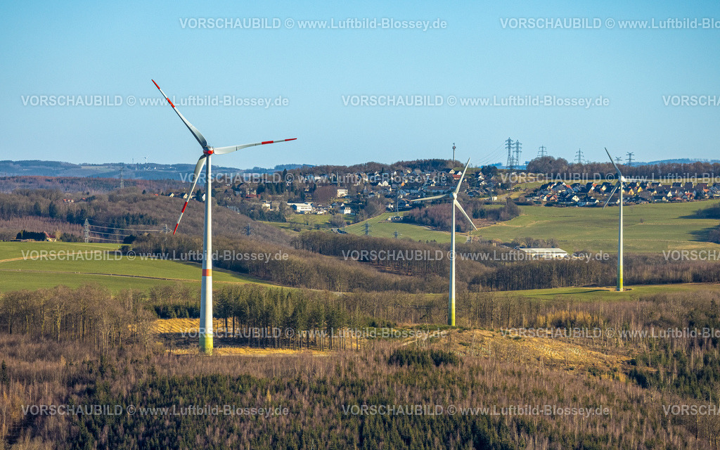 Hagen250302903 | Luftbild, Windradpark am Piepenbrink, Fernsicht und blauer Himmel, Hohenlimburg, Hagen, Ruhrgebiet, Nordrhein-Westfalen, Deutschland