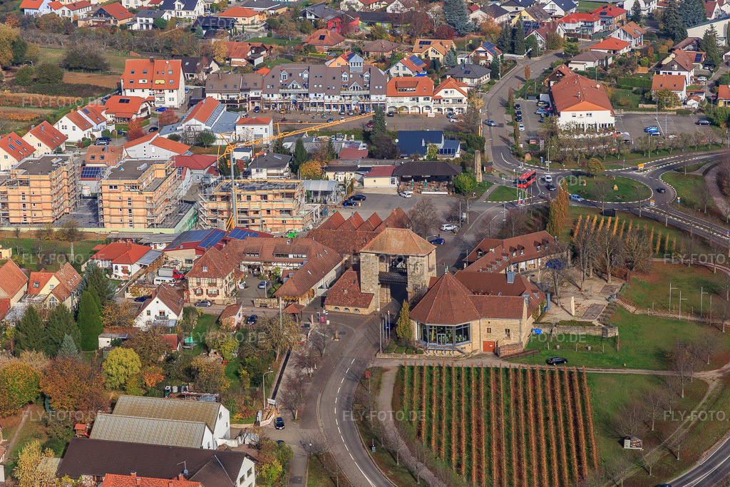 Luftbild: Deutsches Weintor, Beginn der Weinstraße an herbstlich gefärbten Weinbergen im Ortsteil Schweigen in Schweigen-Rechtenbach im Bundesland Rheinland-Pfalz in Deutschland. Foto: IMG_123808.jpg vom 07.11.2020 durch Werner Riehm/FLY-FOTO.de