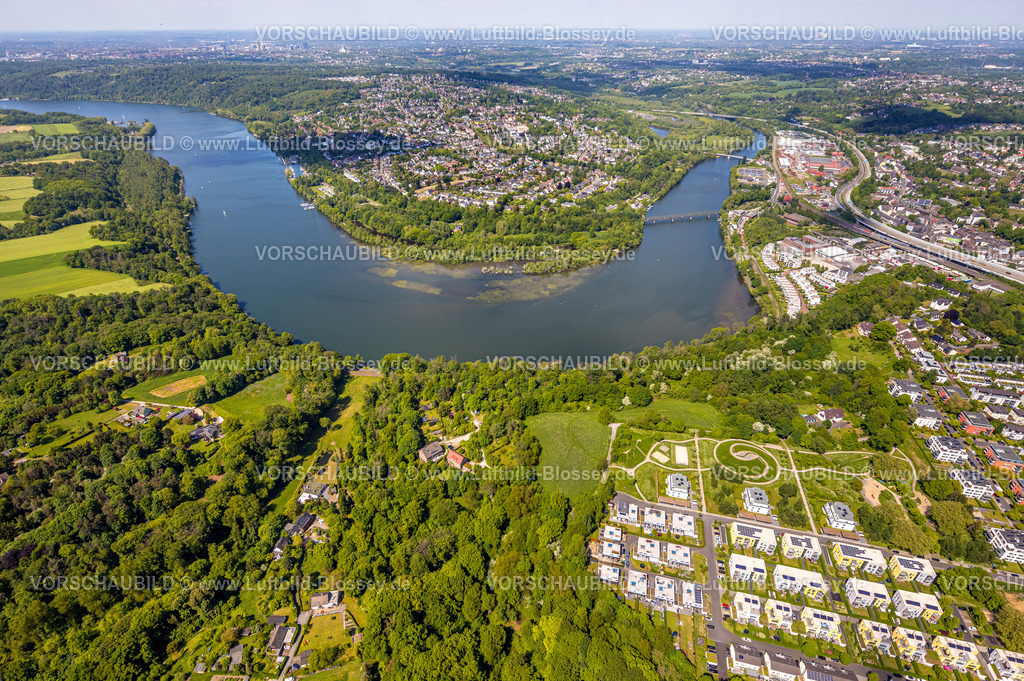 Essen230511993 | Luftbild, Fluss Ruhr Ruhrbogen, Vogelschutzgebiet Heisinger Bogen, Ortsansicht Heisingen, Kupferdreh, Essen, Ruhrgebiet, Nordrhein-Westfalen, Deutschland