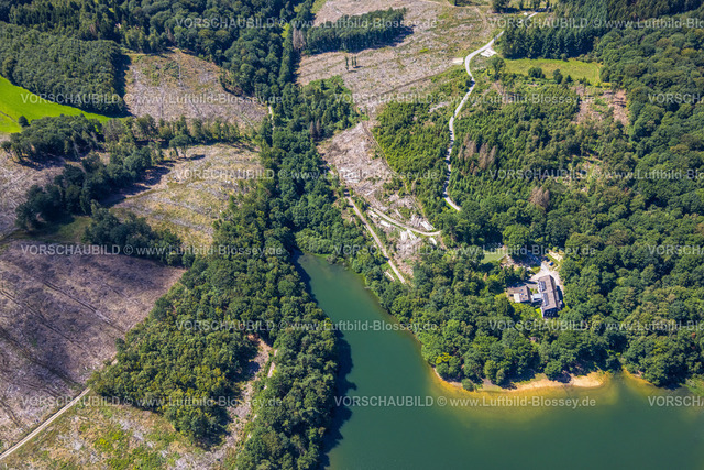 Breckerfeld230801800 | Luftbild, DJH Jugendherberge Glörsee an der Glörtalsperre, Waldgebiet mit Waldschäden und Kahlschlag, Loh, Breckerfeld, Ruhrgebiet, Nordrhein-Westfalen, Deutschland
