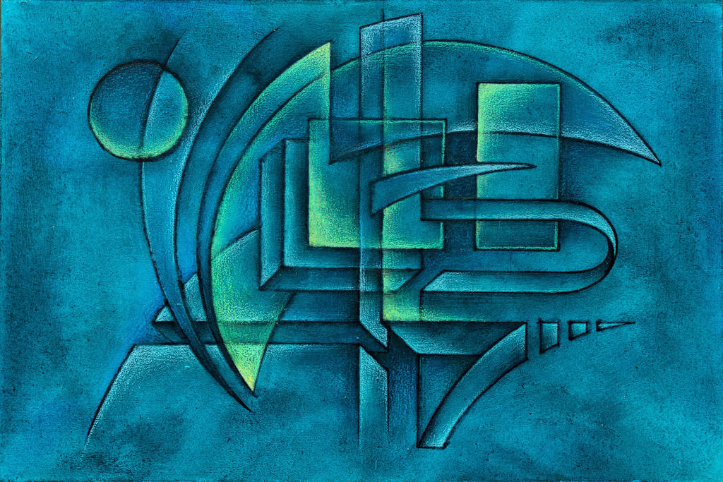 GEOMETRIC BLUE/GREEN | Klare abstrakt geometrische Malerei mit leuchtenden Akzenten. - Realisiert mit Pictrs.com