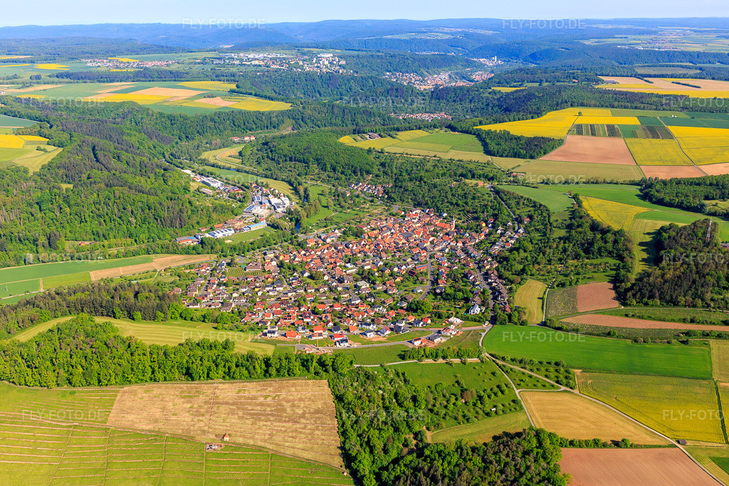 Luftbild: Dorfansicht im Lieblichen Taubertal aus Süden im Ortsteil Reicholzheim in Wertheim im Bundesland Baden-Württemberg in Deutschland. Foto: IMG_146592.jpg vom 10.05.2025 durch Werner Riehm/FLY-FOTO.de