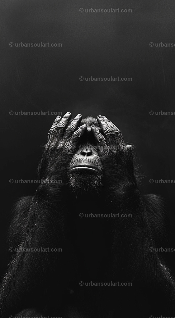 Monkey Covering Its Eyes | This expressive portrait of a monkey covering its eyes in a "see no evil" gesture provides a thoughtful, whimsical touch. Perfect for adding character and intrigue to modern or eclectic spaces. - Realisiert mit Pictrs.com