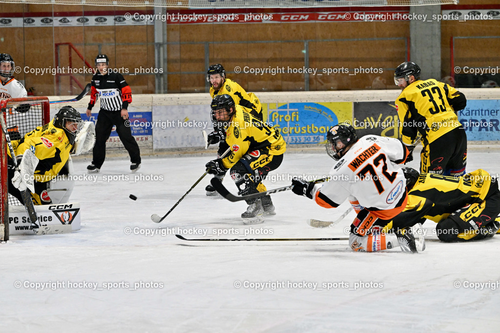 EC Hornets Spittal vs. USC Piraten Velden 18.2.2024 | #1 Zauchner Rene EC Hornets Spittal, #96 Peharz Joshua EC Hornets Spittal, #70 Kronig Daniel EC Hornets Spittal, #72 Wachter Daniel USC Velden, #33 Kabas Michael EC Hornets Spittal, EC Hornets Spittal vs. USC Piraten Velden 18.2.2024, EC Hornets Spittal vs. USC Piraten Velden 18.2.2024 am 18.02.2024 in Spittal an der Drau (Eissportzentrum Spittal), Austria, (Photo by Bernd Stefan)