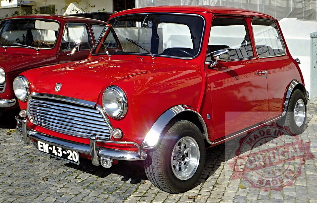 Classic Red Austin Mini Cooper S Parking on Cobblestone Street | Shiny red Austin Mini Cooper S parked on a cobblestone street, showcasing its vintage charm and timeless design - Realized with Pictrs.com