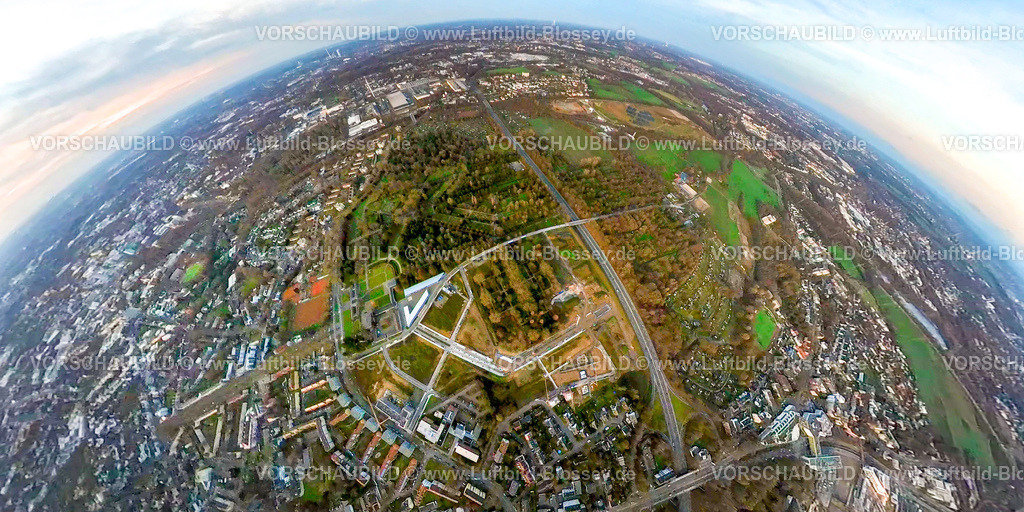 Bochum2301fish0008Ostfriedhof | Luftbild, Ostpark Quartier Feldmark, Friedhof, Fisheye Aufnahme, Fischaugen Aufnahme, 360 Grad Aufnahme, Altenbochum, Bochum, Ruhrgebiet, Nordrhein-Westfalen, Deutschland
