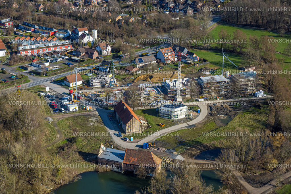 Hamm230213002 | Luftbild, Schlossmühle am Mühlengraben und Mühlenteich mit Baustelle und Neubau, Stadtbezirk Heessen, Hamm, Ruhrgebiet, Nordrhein-Westfalen, Deutschland