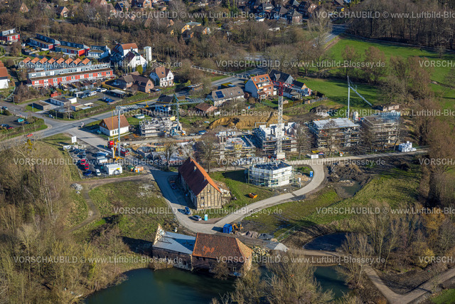 Hamm230213002 | Luftbild, Schlossmühle am Mühlengraben und Mühlenteich mit Baustelle und Neubau, Stadtbezirk Heessen, Hamm, Ruhrgebiet, Nordrhein-Westfalen, Deutschland