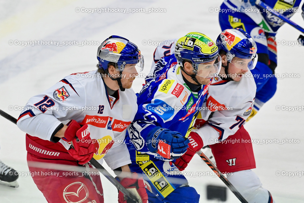 EC IDM Wärmepumpen VSV vs. EC Red Bull VSV | #12 Michael Raffl EC Red Bull Salzburg, #72 John Hughes EC VSV, #74 Travis St. Denis EC Red Bull Salzburg, EC IDM Wärmepumpen VSV vs. EC Red Bull VSV, EC IDM Wärmepumpen VSV vs. EC Red Bull Salzburg am 16.01.2026 in Villach (Stadthalle Villach), Austria, (Photo by Bernd Stefan)