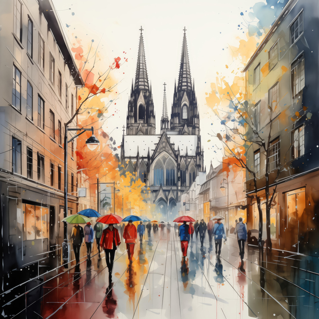 2605001 - Regenspaziergang am Kölner Dom | Die Szene zeigt eine belebte Straßenzug mit Passanten unter bunten Regenschirmen, die auf die monumentale Fassade des Kölner Doms zusteuern. Der Stil kombiniert präzise architektonische Linien mit der Leichtigkeit der Aquarellmalerei. Die herbstlichen Farben der Bäume und die Spiegelungen auf dem nassen Pflaster verleihen der grauen Stadtsilhouette eine warme, einladende Atmosphäre.
