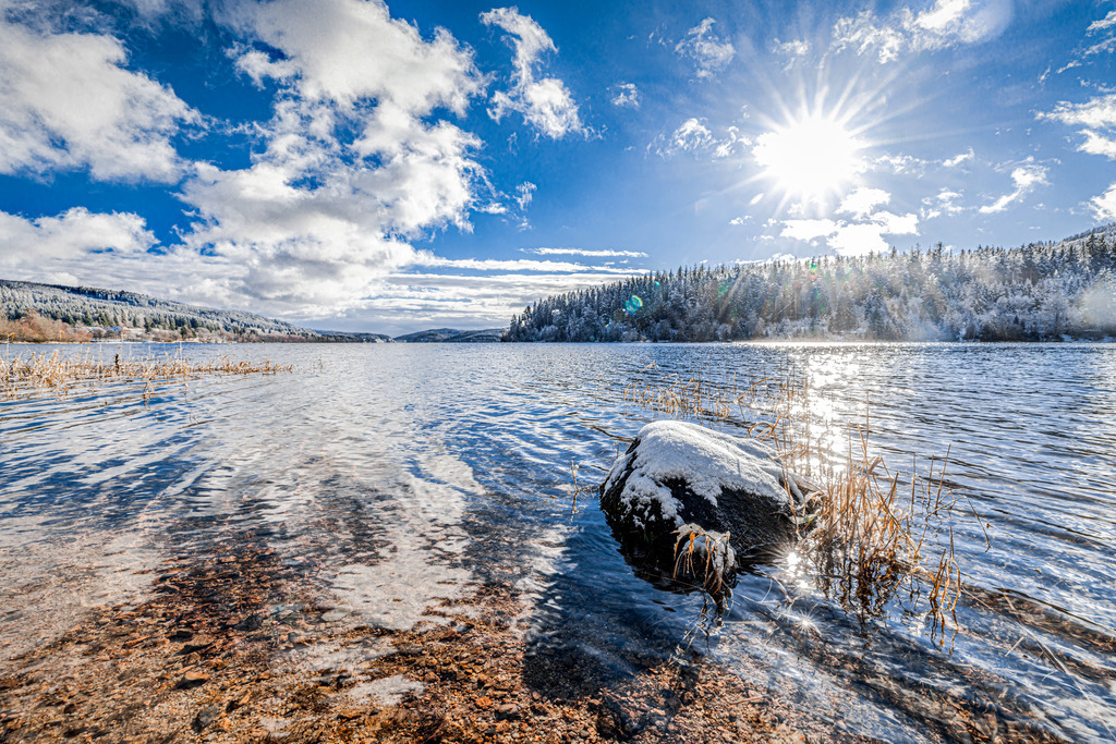 Winter am Schluchsee im Hochschwarzwald, funkelnde Sonnenstrahlen auf dem Wasser | Das Bild zeigt den Schluchsee im Schwarzwald an einem sonnigen Wintertag.Der Schluchsee ist der größte See im Schwarzwald und ein beliebtes Ziel für Freizeitaktivitäten. Die Umgebung bietet eine malerische Kulisse, die sowohl im Sommer als auch im Winter Besucher anlockt. Die Region ist bekannt für ihre Natur und Erholungsmöglichkeiten.  - Realisiert mit Pictrs.com