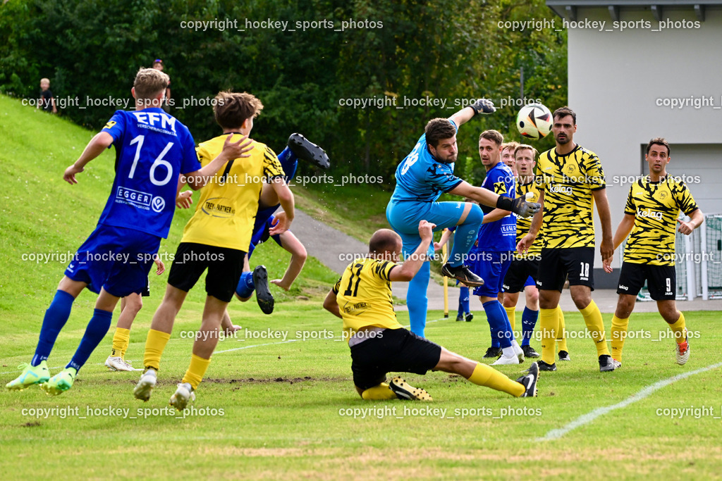 FC Faakersee vs. Union Matrei | #16 Hannes Wibmer Matrei, #7 Felix Michael Bachlechner FC Faakersee, #17 Matteo Scheucher FC Faakersee, #1 Michael Lessiak FC Faakersee, #18 Andreas Unterguggenberger FC Faakersee, #20 Luca Ronacher Matrei, #9 Thomas Unterguggenberger FC Faakersee, FC Faakersee vs. Union Matrei, FC Faakersee vs. Union Matrei am 18.08.2024 in Finkenstein (Sportplatz Faakersee), Austria, (Photo by Bernd Stefan)