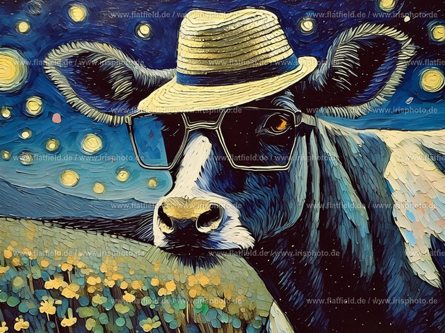 Kuh mit Sonnenbrille und Strohhut | Digital Art | Digitale Kunst