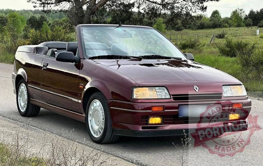 Renault 19 Cabriolet maroon classic European car | Renault 19 convertible car parked on a rural road, representing vintage style and nostalgia - Realized with Pictrs.com