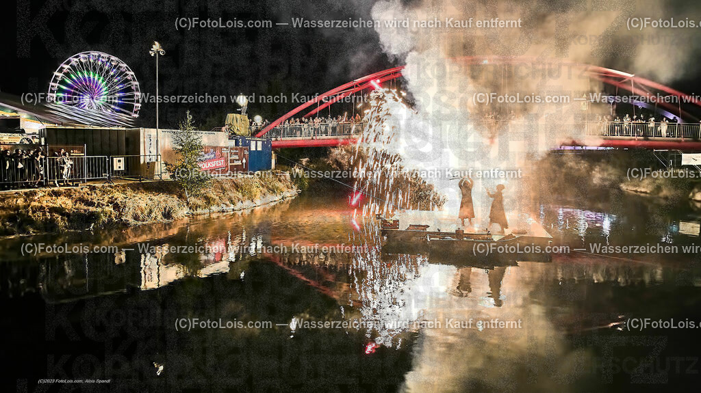 0599_Luftbild_VOLKSFEST-Wlbg_InselFeuer-Show | (C)FotoLois.com, Alois Spandl, Luftbild, Wieselburger VOLKSFEST neu, Feuershow auf der Erlaufinsel unter den Brücken, Do 29. Juni 2023.