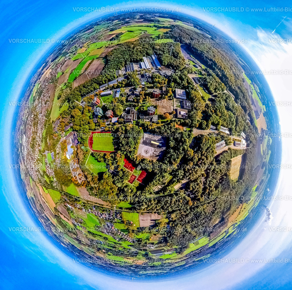 Selm241190512BorkPolizeischule | Luftbild, IPA-HAUS Selm / Bork Polizeibehörde, Polizeischule  Schulungszentrum Hochhäuser Im Sundern, Erich-Klausener-Straße, Sportanlage Westring Fußballstadion und Leichtathletikstadion, Erdkugel, Fisheye Aufnahme, Fischaugen Aufnahme, 360 Grad Aufnahme, tiny world, little planet, fisheye Bild, Bork, Selm, Ruhrgebiet, Nordrhein-Westfalen, Deutschland