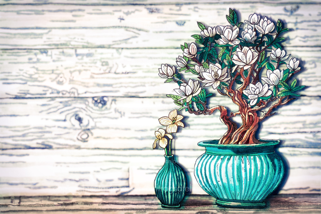 Analog gezeichneter Magnolien Bonsai Baum in türkisem Blumentopf. Beige Orchideen in türkiser Glasvase. Im Hintergrund ist unscharfes ausgeblichenes Holz. Marker Illustration. | Analog gezeichneter Magnolien Bonsai Baum in türkisem Blumentopf. Beige Orchideen in türkiser Glasvase. Im Hintergrund ist unscharfes ausgeblichenes Holz. Marker Illustration.