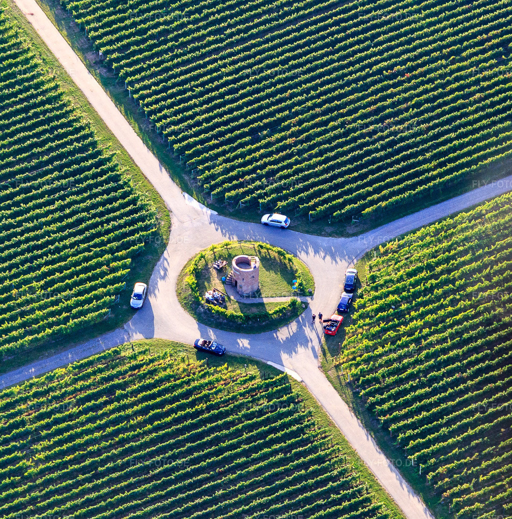 Luftbild: Houschder Winzerturm zwischen den Weinbergen im Ortsteil Niederhochstadt in Hochstadt im Bundesland Rheinland-Pfalz in Deutschland. Foto: IMG_149514.jpg vom 31.08.2025 durch Werner Riehm/FLY-FOTO.de