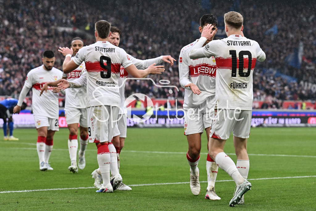 VfB Stuttgart - Hamburger SV | STUTTGART, GERMANY - 12. APRIL: Stuttgart celebrating the goal to makes 2-0 - Chris FÜHRICH (VfB Stuttgart 10) - Tor / Torschuetze / Freude / Happy during the Bundesliga Match between VfB Stuttgart vs. Hamburger SV on Matchday 29 at MHP Arena / DFL REGULATIONS PROHIBIT ANY USE OF PHOTOGRAPHS AS IMAGE SEQUENCES AND/OR QUASI-VIDEO