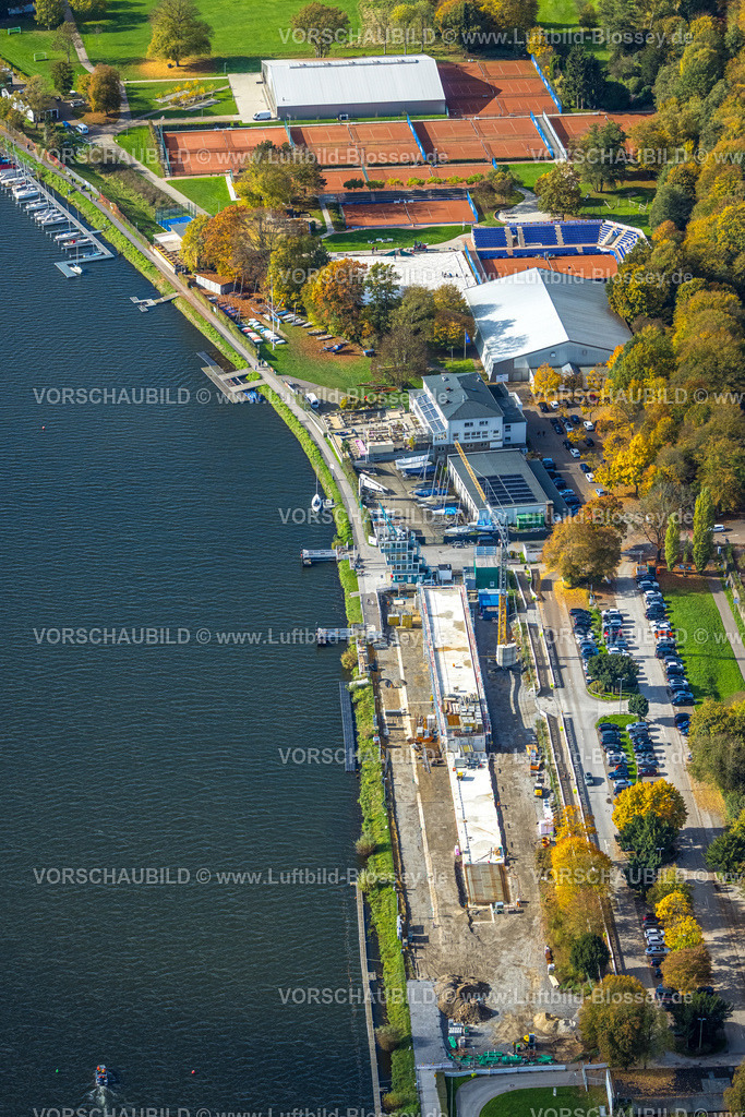 Essen251002610Sued | Luftbild, Baustelle mit Neubau an der Regattastrecke für neue Regattatribüne, ETUF Tennisplätze, Fischlaken, Essen, Ruhrgebiet, Nordrhein-Westfalen, Deutschland