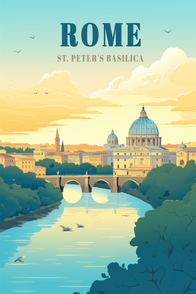 2307206 - Rom - Petersdom | Blick über den Tiber auf den Petersdom in Rom. Illustratives Wandbild im Grafikdesign-Stil.
