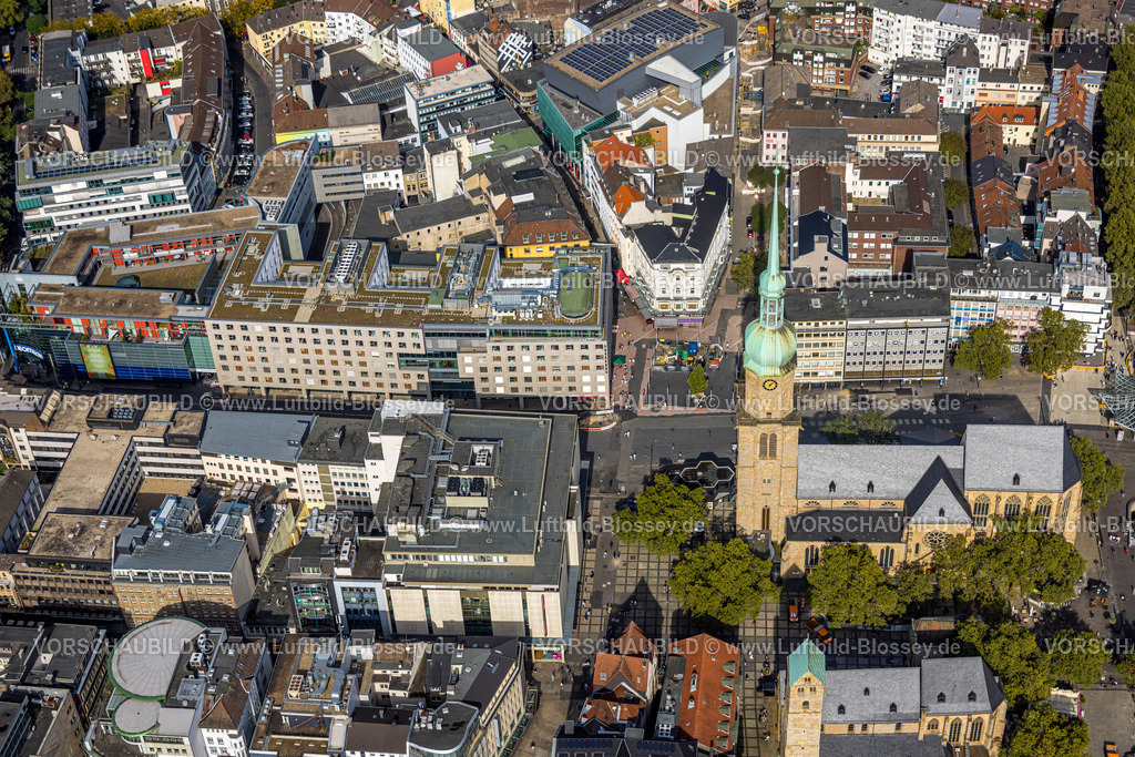 Dortmund231000843 | Luftbild, Evang. Stadtkirche Reinoldikirche und Platz von Leeds, Geschäftshäuser mit Einkaufsstraße, City, Dortmund, Ruhrgebiet, Nordrhein-Westfalen, Deutschland