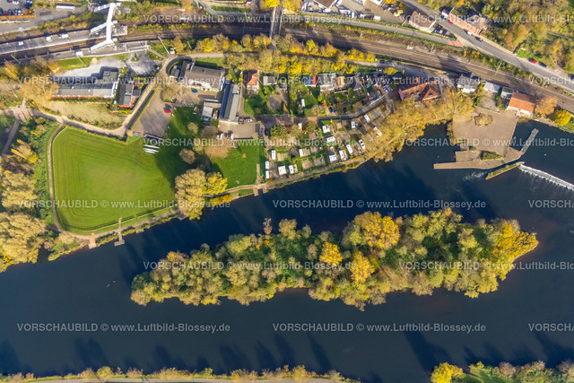 Bochum221100722 | Luftbild, Fluss Ruhr an der Ruhrmühle und Insel, Campingplatz, Dahlhausen in Bochum, Ruhrgebiet, Nordrhein-Westfalen, Deutschland