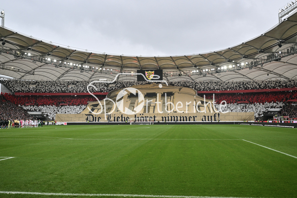 VfB Stuttgart - Hamburger SV | STUTTGART, GERMANY - 12. APRIL: the fans from Stuttgart with a Choreographie before the Bundesliga Match between VfB Stuttgart vs. Hamburger SV on Matchday 29 at MHP Arena / DFL REGULATIONS PROHIBIT ANY USE OF PHOTOGRAPHS AS IMAGE SEQUENCES AND/OR QUASI-VIDEO