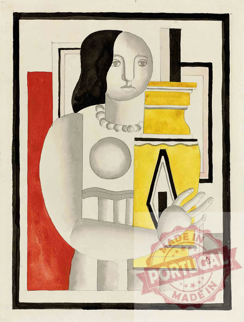 Female figure holding vase in cubist art style | Fernand Leger Stylized woman presenting a yellow cubist vase with geometric shapes and bold colors - Realized with Pictrs.com