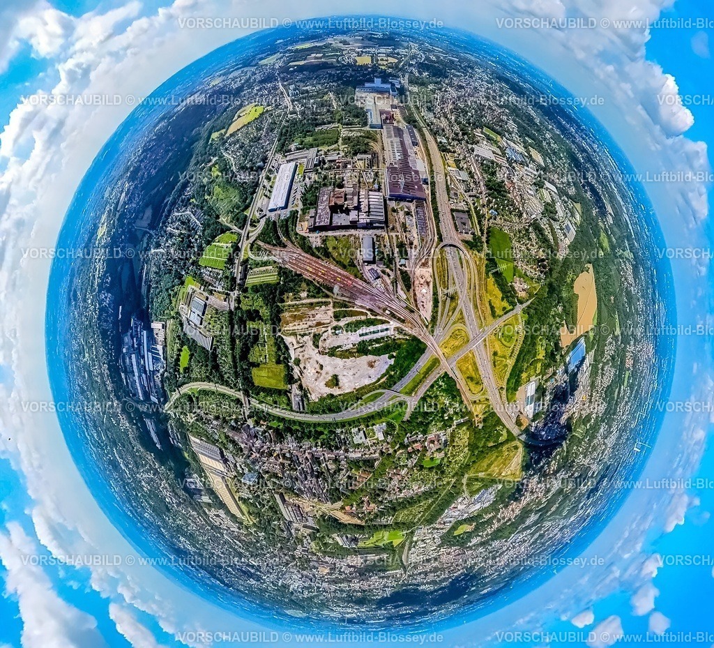 Bochum230890068 A40 Stadtring ThyssenKrupp | Luftbild, Stadtring Dreieck Bochum-West mit der Autobahn A40 und Autobahn A448, thyssenkrupp Steel Europe Werk, Erdkugel, Fisheye Aufnahme, Fischaugen Aufnahme, 360 Grad Aufnahme, tiny world, Wattenscheid Kruppwerke, Bochum, Ruhrgebiet, Nordrhein-Westfalen, Deutschland