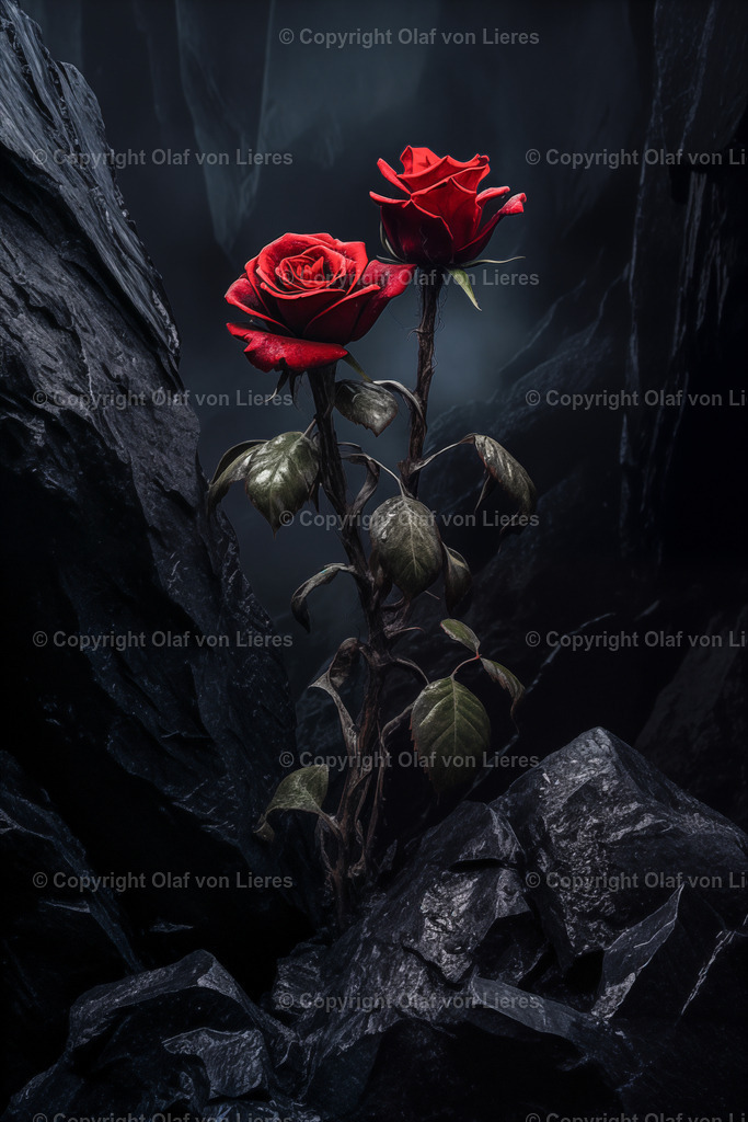 rote Rosen mit schwarz Wandbild | rote Rosen zwischen schwarzen Felsen