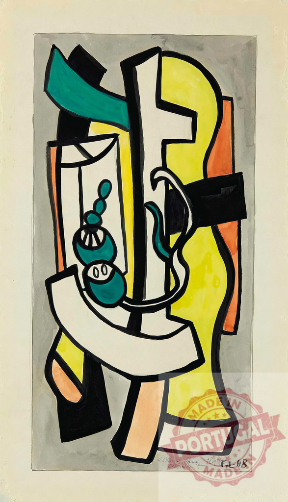 Fernand Léger style abstract still life composition | Fernand Leger Abstract still life painting featuring geometric shapes and bold outlines with vibrant colors - Realisiert mit Pictrs.com