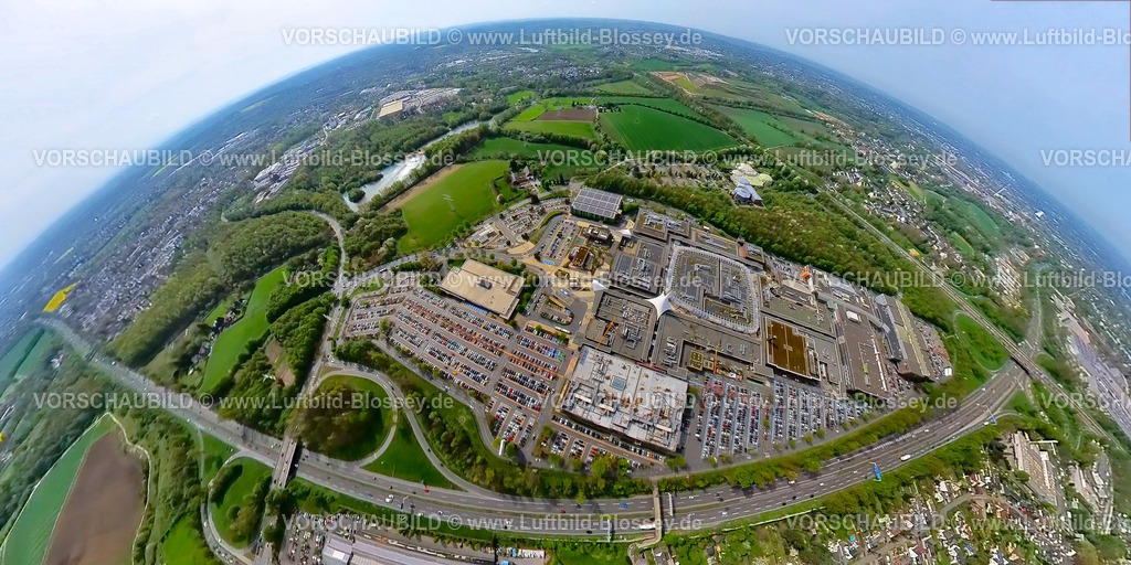 Bochum240490014RuhrparkEinkaufszentrum | Luftbild, Ruhr Park Einkaufszentrum mit Parkplätzen, an der Autobahn A40 und Autobahn A43, Erdkugel, Fisheye Aufnahme, Fischaugen Aufnahme, 360 Grad Aufnahme, tiny world, little planet, fisheye Bild, Harpen, Bochum, Ruhrgebiet, Nordrhein-Westfalen, Deutschland
